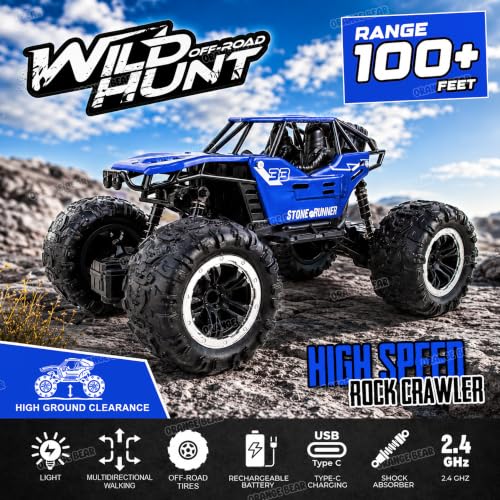 Image of Orange Bear Remote Control Car Toy (1 Year Warranty) Rock Crawler Monster Truck Drift RC Car | Type-C USB | 100+ft Range 2.4GHz Remote | Rechargeable Battery | 2WD Off-Road Climbing Racing Car - Blue