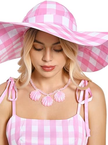 Miniatura 3 de Disfraz de muñeca de película 2023 para mujer, disfraz casual para adultos, sombrero de playa, collar, aretes, collar, cosplay, ropa rosa