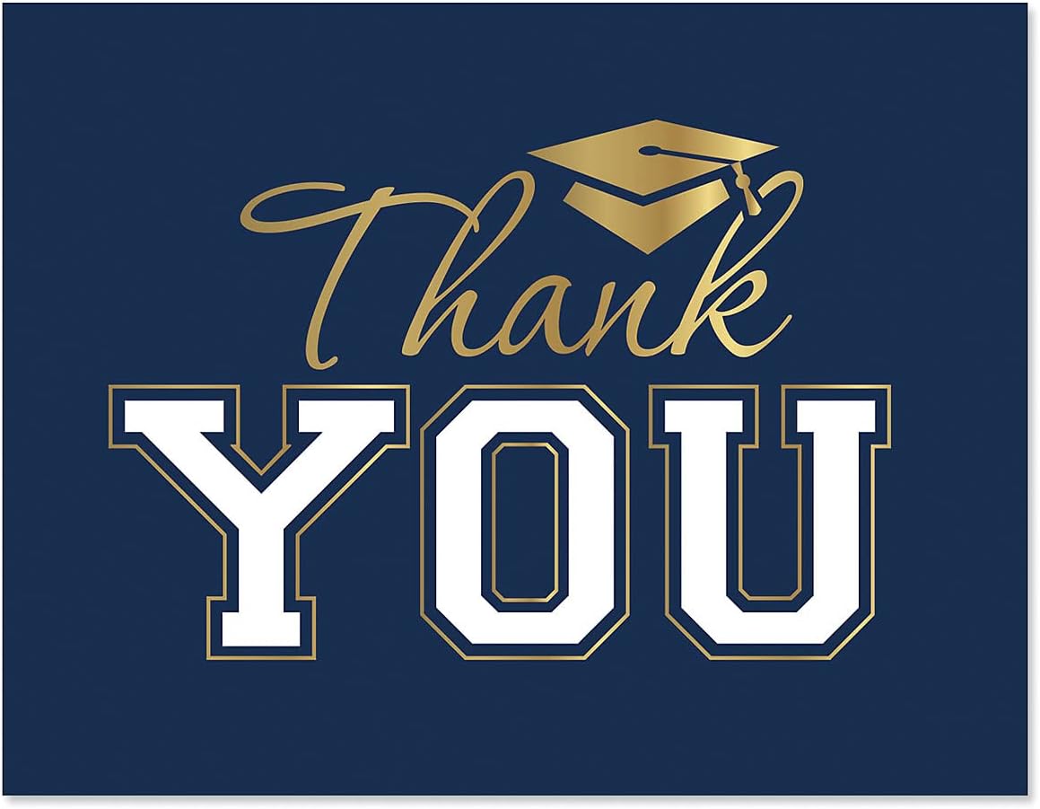 Current School Colors Graduation Thank You Note Card Set Navy Blue & Gold Foil - Set of 40, Envelopes Included, 4-1/4 x 5-1/2, Blank Inside, Value Pack