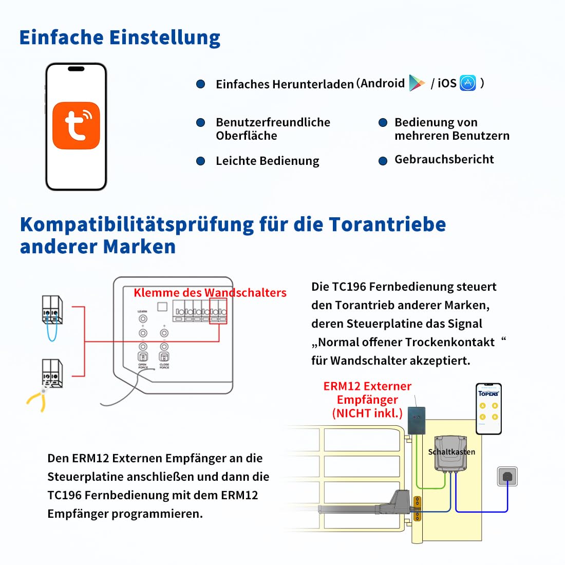 TOPENS TC196 Tuya WiFi Fernbedienung mit Smartphone Zugangskontrolle für automatische Drehtorantrieb Garagentorantrieb Schiebetorantrieb mit iOS & Android App WiFi & Bluetooth Torsteurung Sicherheit