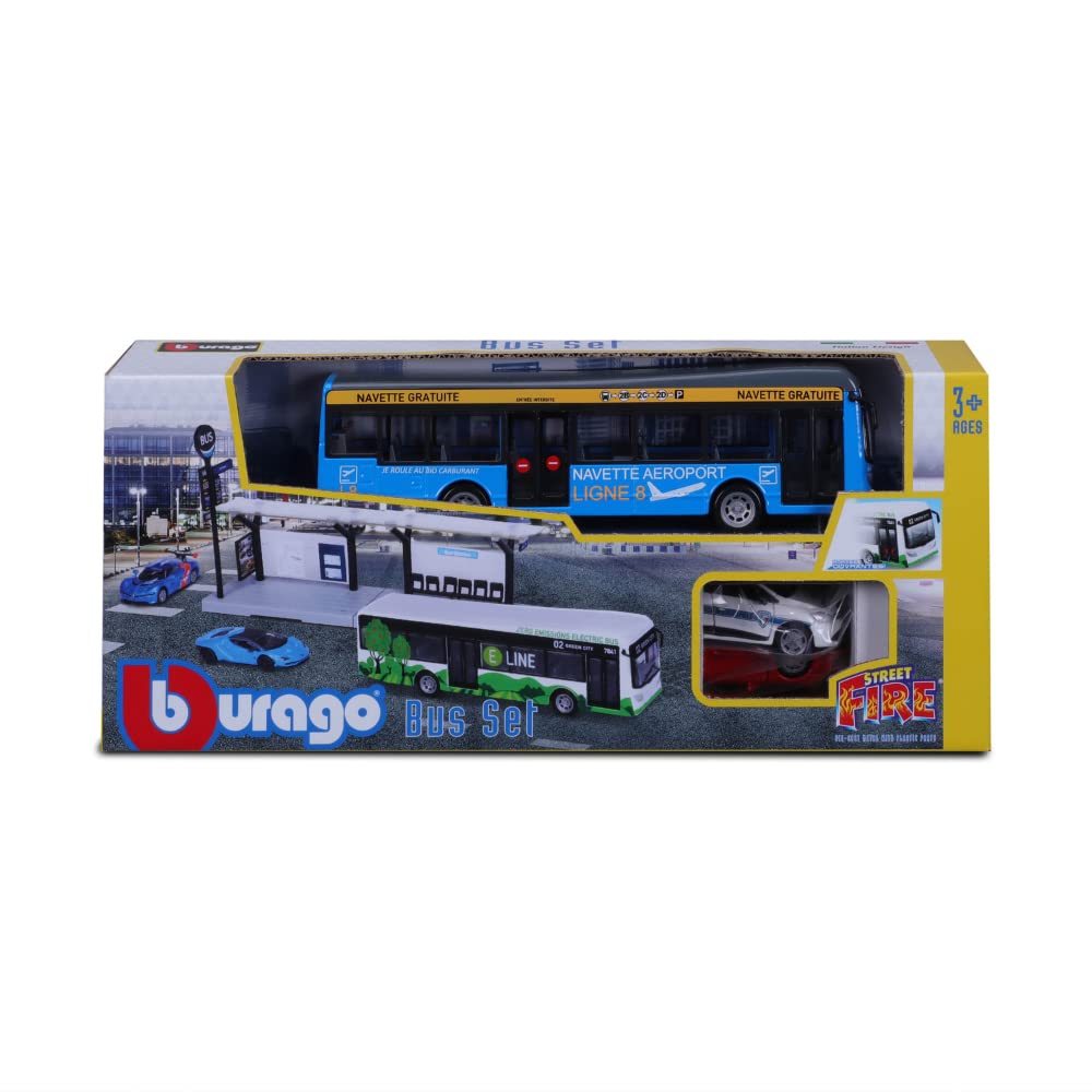 BBURAGO 1/64 TRASPORTI PUBBLICS - Playset City Bus + Station + 2 veicoli, blu o verde