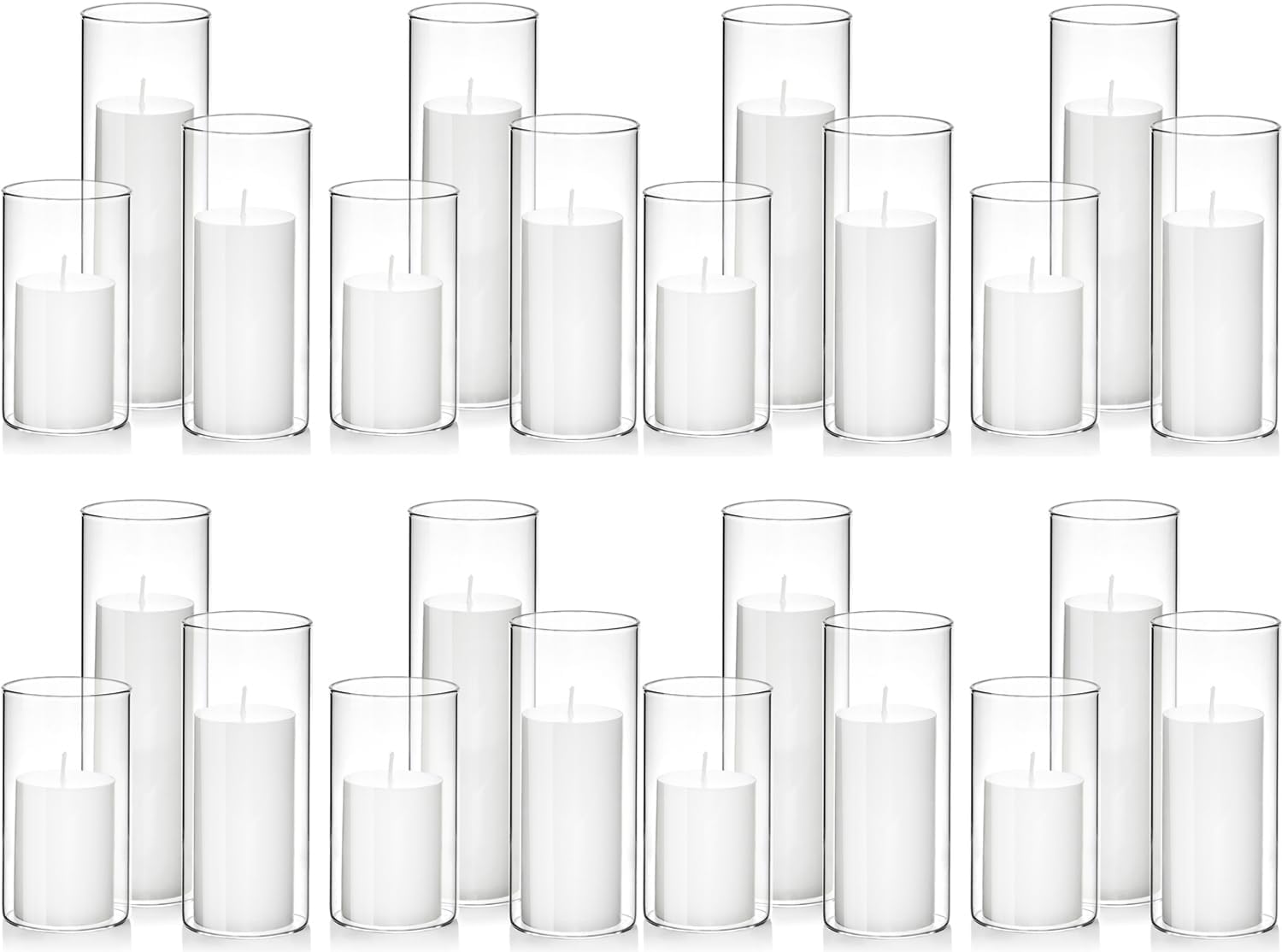 Set of 24 White Pillar Candles with Clear Glass Hurricane Holders- Elegant Cylinder Candle Vases for Weddings, Parties, Centerpieces, Home & Office Decor (White, 24 Set) White 24 SET