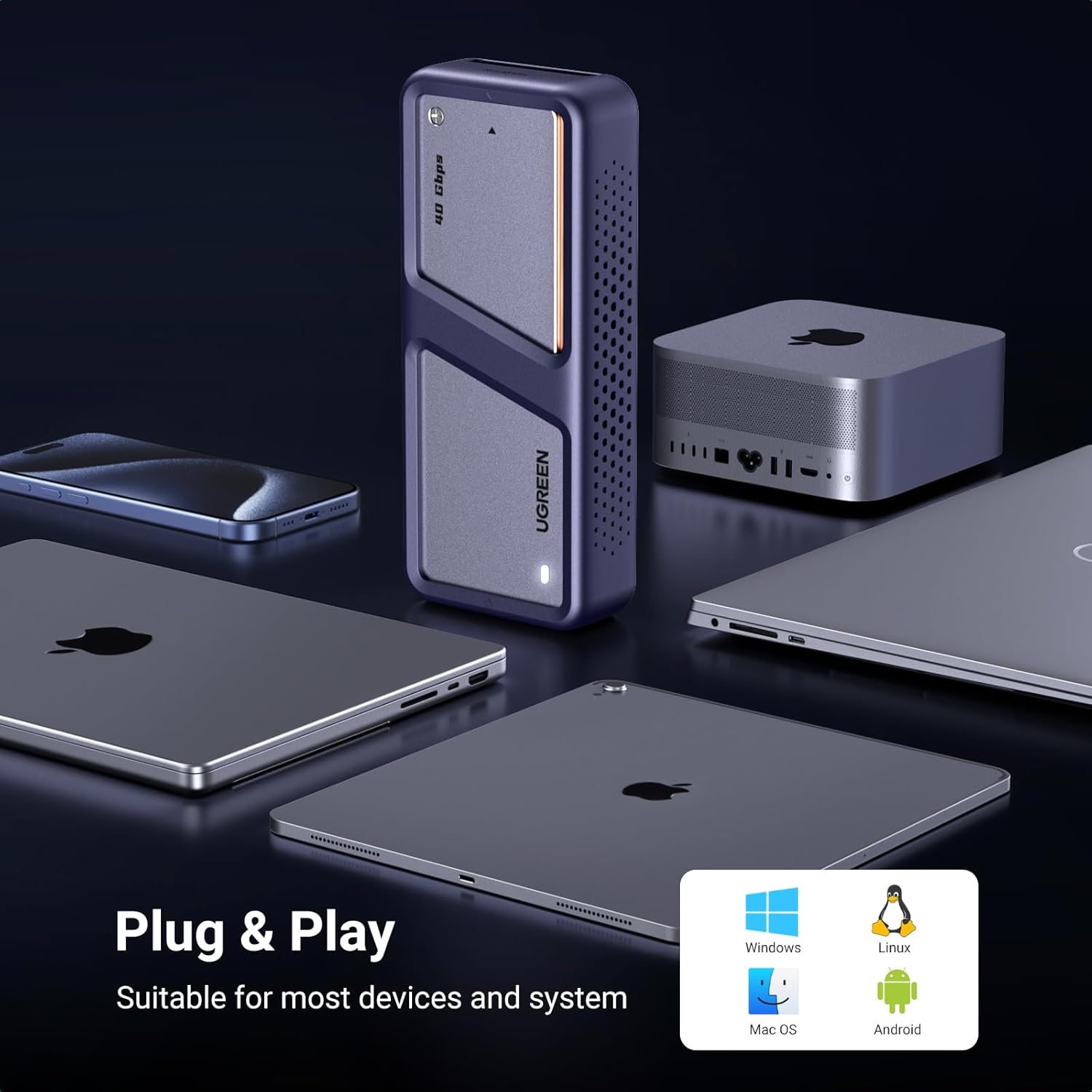 UGREEN 40Gbps M.2 NVMe Enclosure with Cooling Fan, Anti-Drop SSD Enclosure for MacBook, Aluminum M.2 Enclosure Support M/B+M Key Size 2280/2260/2242/2230 Compatible with Thunderbolt 3/4/USB4/3.2/3.1 - Image 6