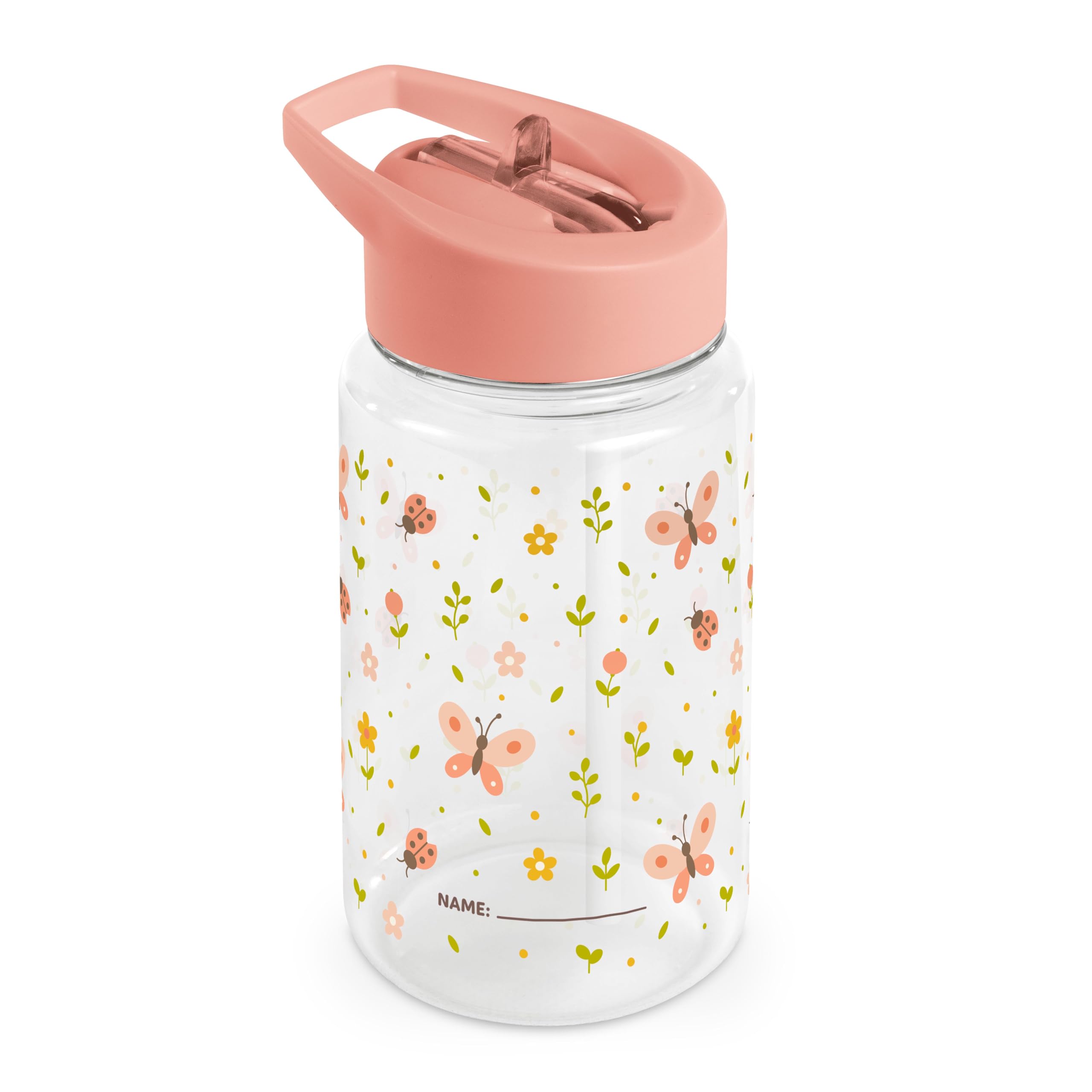 Miniland Kiddie Bottle Butterfly - Botella Infantil Tritán 500 ml / 450 ml con Pajita | Resistente y Ligera | Desmontable | Personalizable con Medidor | Sin BPA y Apta para Lavavajillas