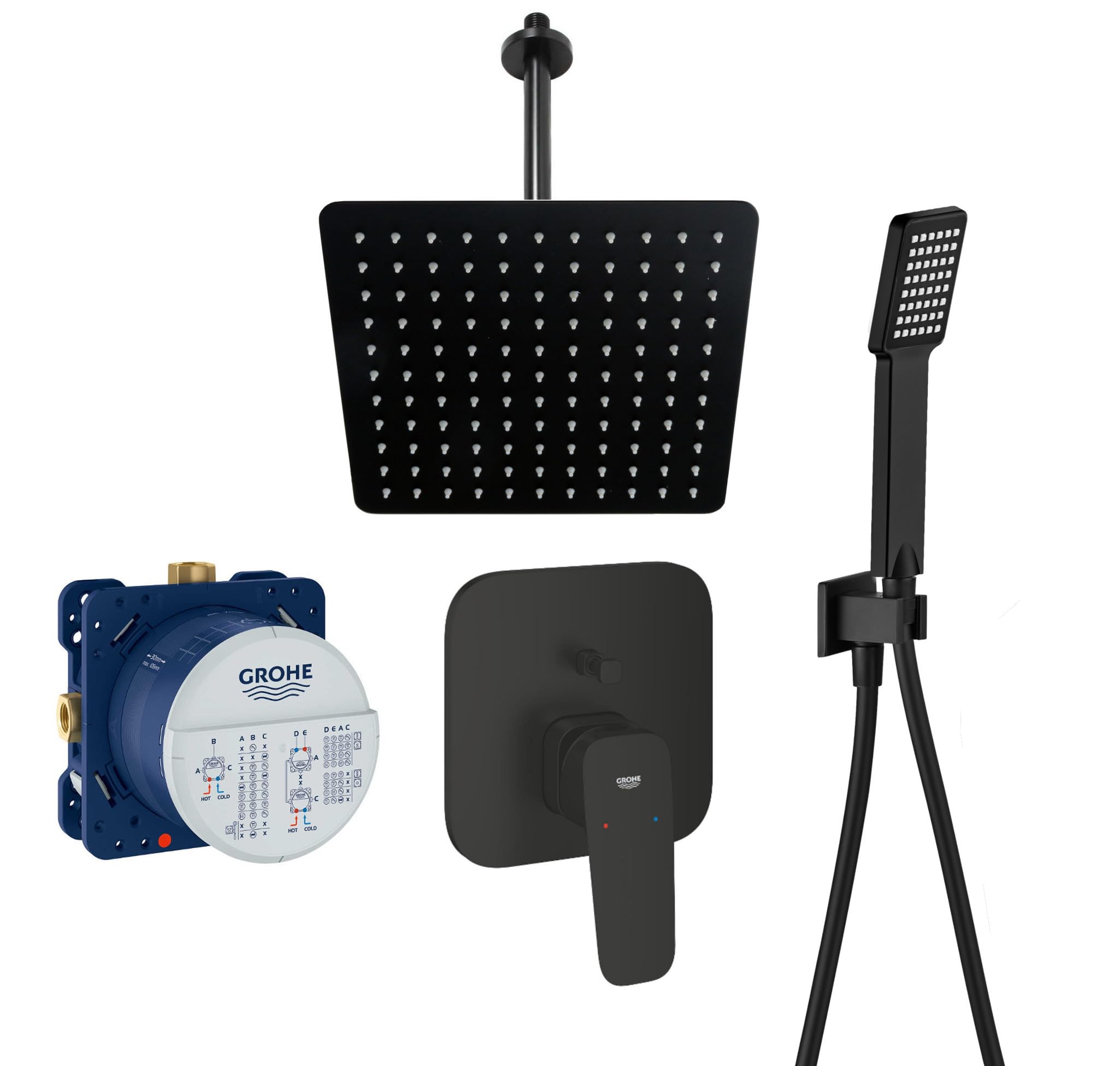 vanvilla Duschsystem mit Unterputz Duscharmatur von Grohe Cubeo Einhandmischer und vanvilla Regendusche mit Armatur, Duschkopf, Dusch-SET GS02 schwarz matt