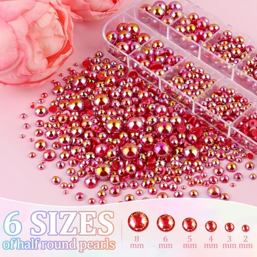 Image of Flatback Pearls for Crafting with 3Pcs 10ml B7000 Jewelry Glue, 2 Boxes of Half Round Red AB Pearls, Bedazzling Beads for DIY Crafts Clothing Tumblers Shoes Embellishment Nail Art