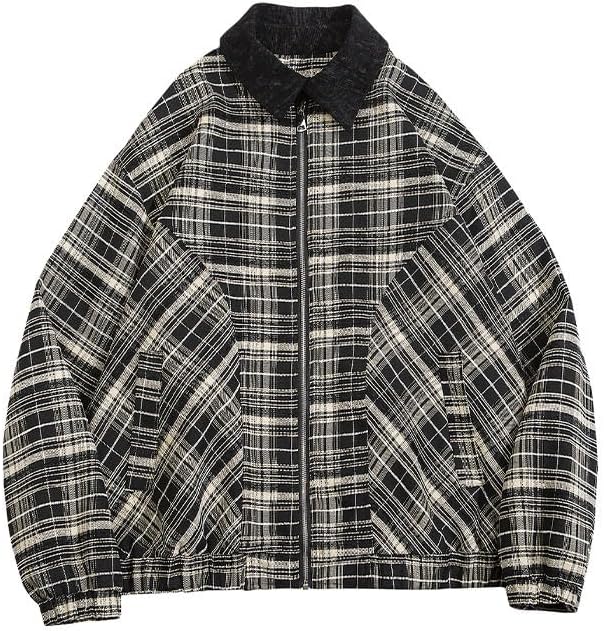 Lapel Utility Plaid Jacket Men, Loose Long Sleeve Casual Daily Coats