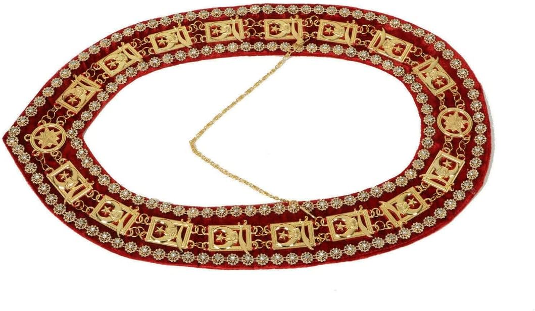 フリーメイソンシュライナーラインストーン チェーンカラー周りにゴールド調レッドベルベット、大人用, ADULT