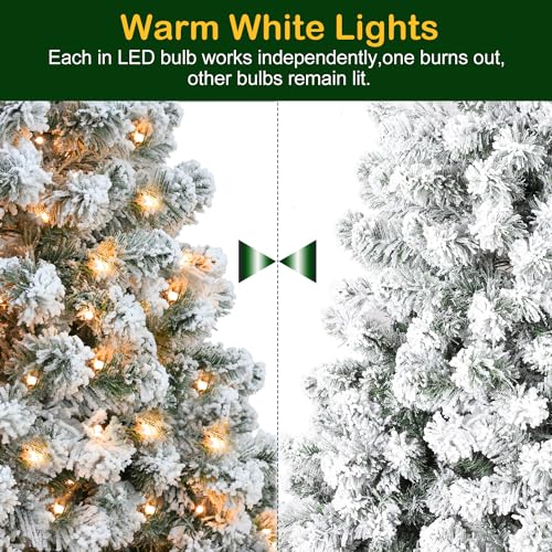 Image of Hykolity 6 ft Prelit Snow Flocked Christmas Tree, Artificial Christmas Tree with 250 Warm White LED Lights, 551 PVC Branch Tips, Easy Assembly with Metal Stand and Hinged Branches