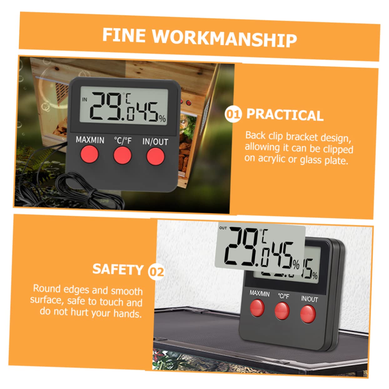 Generic Digital Hygrometer for Reptile Tank 2PCS Large Screen Accurate Temp Humidity Monitor Snake Turtle Terrarium Accessories