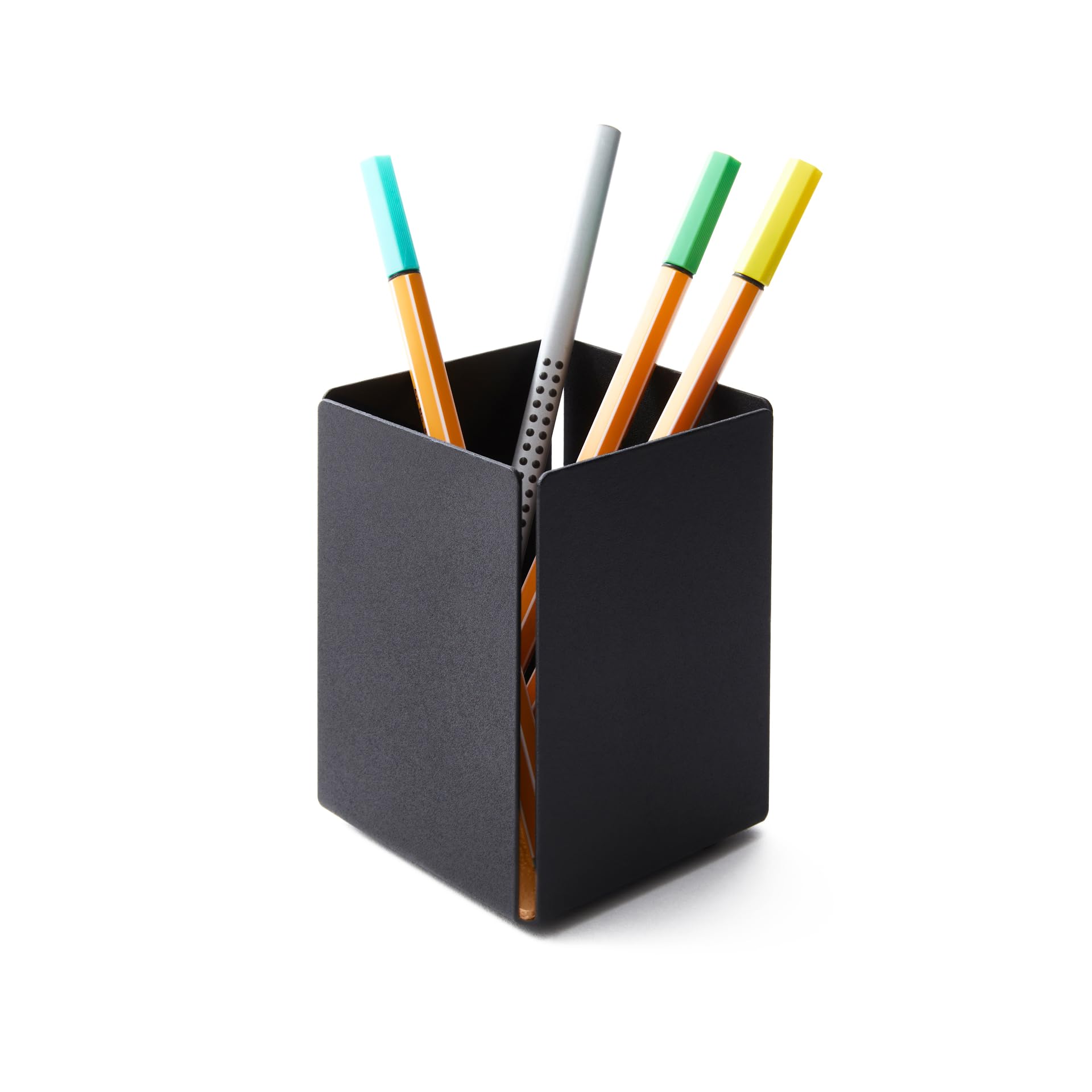 Eglooh - Dafne - Schreibtisch Stiftehalter mit Struktur aus schwarzem Stahl - Innerer Boden aus echtem Leder Hell Braun - Quadratisches Design cm 7,2 x 7,2 x H.10 - Made in Italy