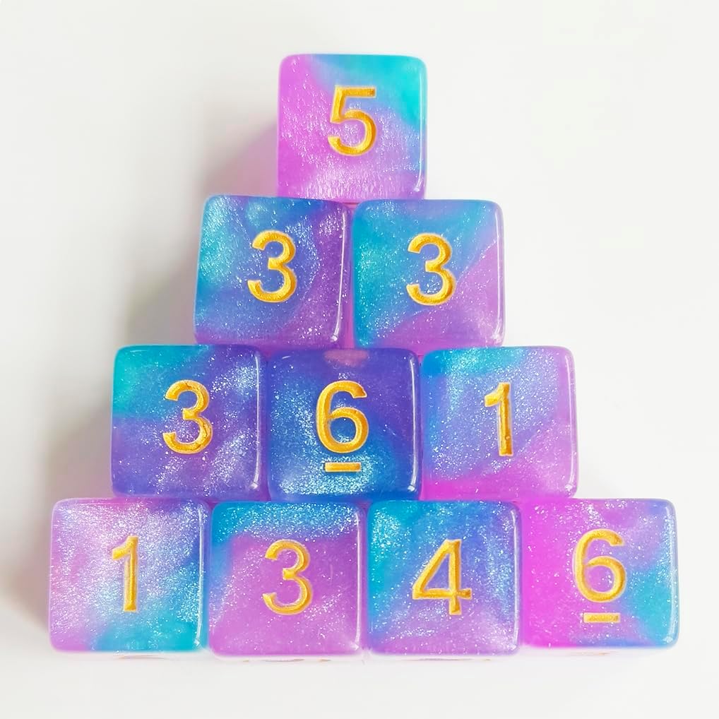 10 Pieces Polyhedral D6 Dice Set, 6 Sided Dice 16mm Square Edge Dice for RPG MTG DND Table Games (Green Purple)