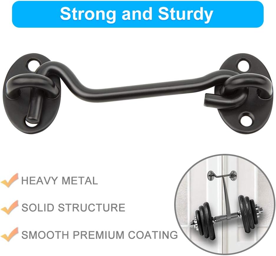 2 Pack Privacy Hook and Eye Latch, 4 inches Heavy Duty Barn Door Lock, Upgrade Solid Thicken Stainless Steel Barn Door Latch with 8PCS Screws, Best for Sliding Door, Bathroom, Window (Black)