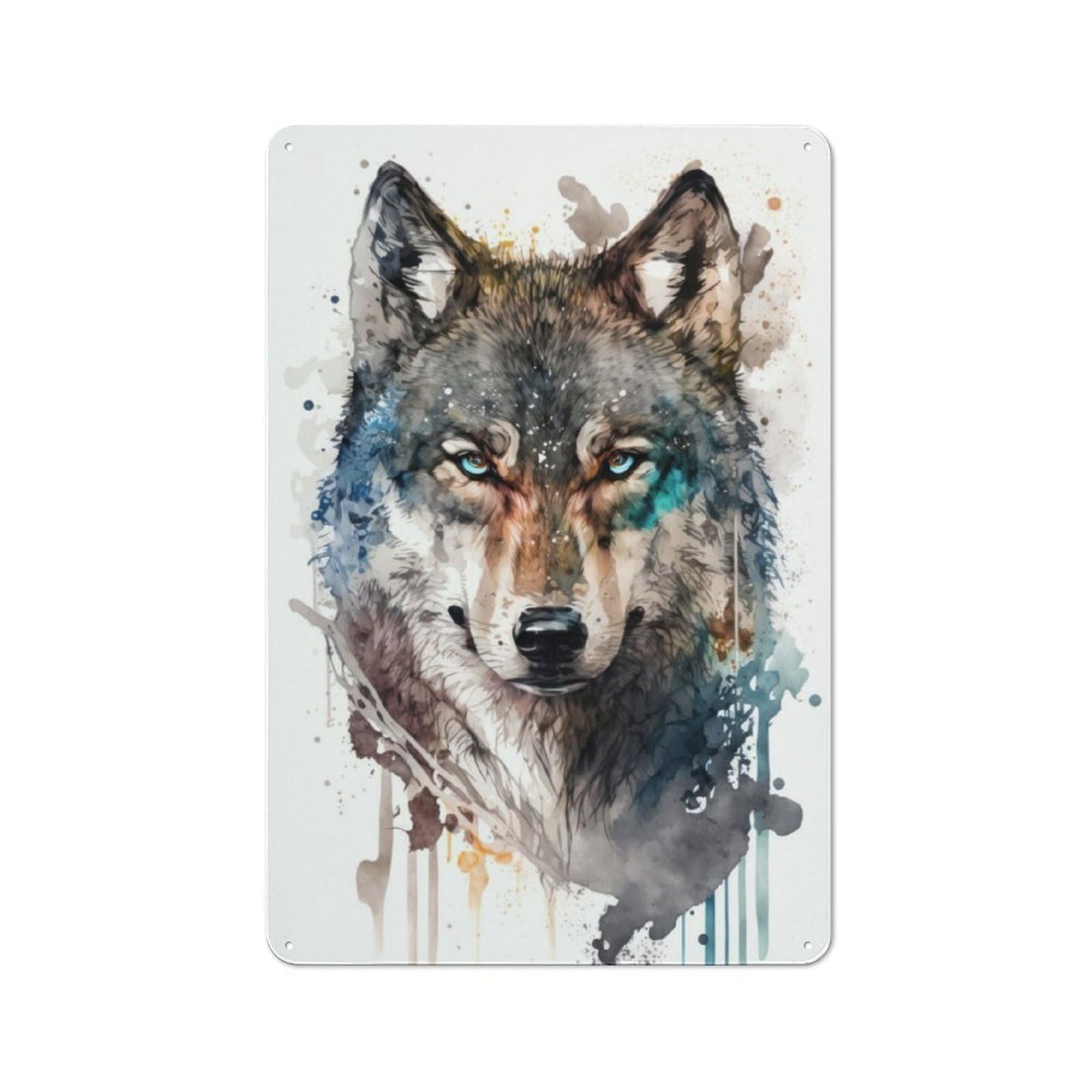 Wolf in Watercolor Retro Metal Plaque 30x20cm for Lounge Or Reading Corner, for Vintage Wall Decor Fans, for Themed Room Decoration