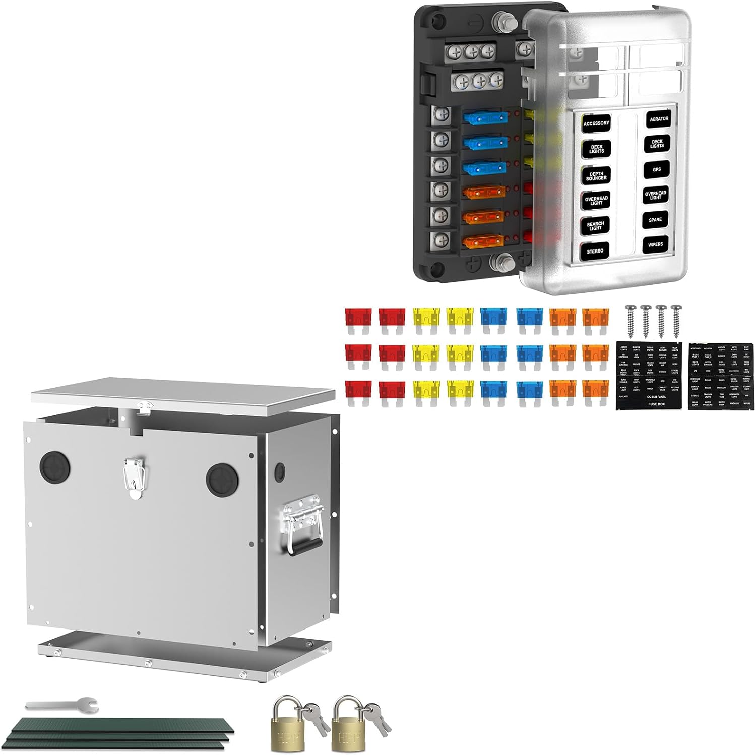 Bundle of Stainless Steel Battery Box & 12 Way Fuse Block