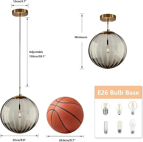 Miniatura 2 de KCO Lighting - Lámpara colgante moderna de globo grande, lámpara colgante de cristal gris humo de mediados de siglo, luces colgantes vintage,