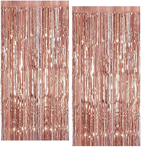 2PCS Tinsel Foil Fringe Curtains Rose Gold Metallic Shimmer Curtain Backdrop Foil Streamers Party Decorations Fringe Streamers Tinsel Curtains foil curtain For Christmas Birthday Party Wedding Door