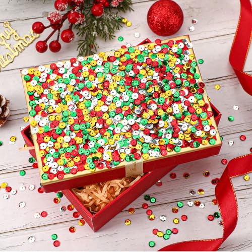kaiolbly Christmas Sequins for Crafts, 20000 Pieces Glitter Red Green Gold Silver Loose Cup Sequins Round Embroidery Sequins with Holes for Art Crafts DIY Christmas Gift Making Decorations(6mm)