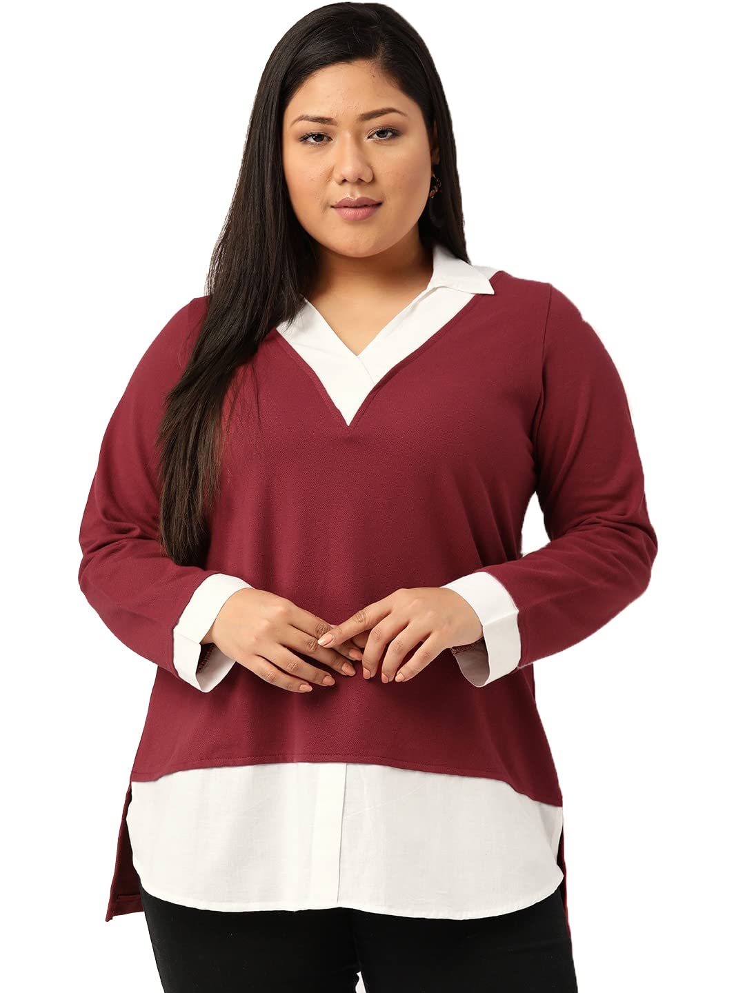 theRebelinme Plus Size Women’s Maroon & White Shirt Collar Cotton Top