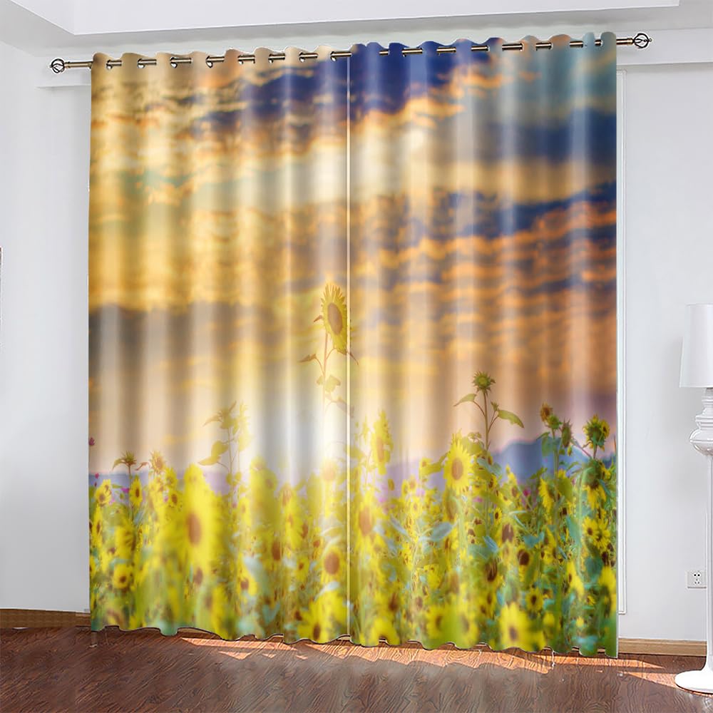 Vorhänge Wohnzimmer Blickdicht Gardinen Verdunkelungsvorhang Schlafzimmer Kinderzimmer Thermovorhang Fensterdekoration 3D Goldener Glanz Sonnenblume Abendwolken Muster Ösenschal 2Er Set 200X
