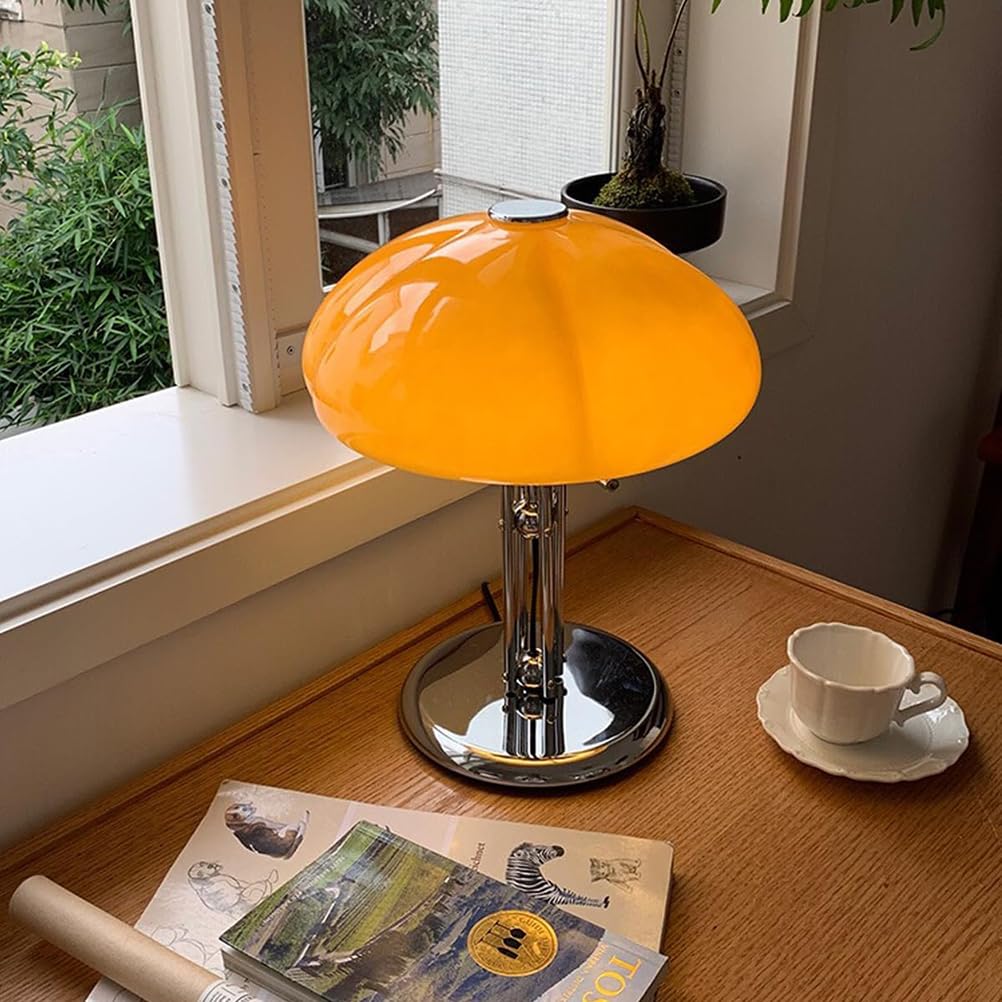 AoLa Pilz Tischlampe mit Kabel, Dimmbar LED Pilz Lampe mit Schalter und USB Stecker Tischleuchte Modern Mushroom Lamp mit Orange Glas Lampenschirm Nachttischlampe für Schlafzimmer Wohnzimmer Deko