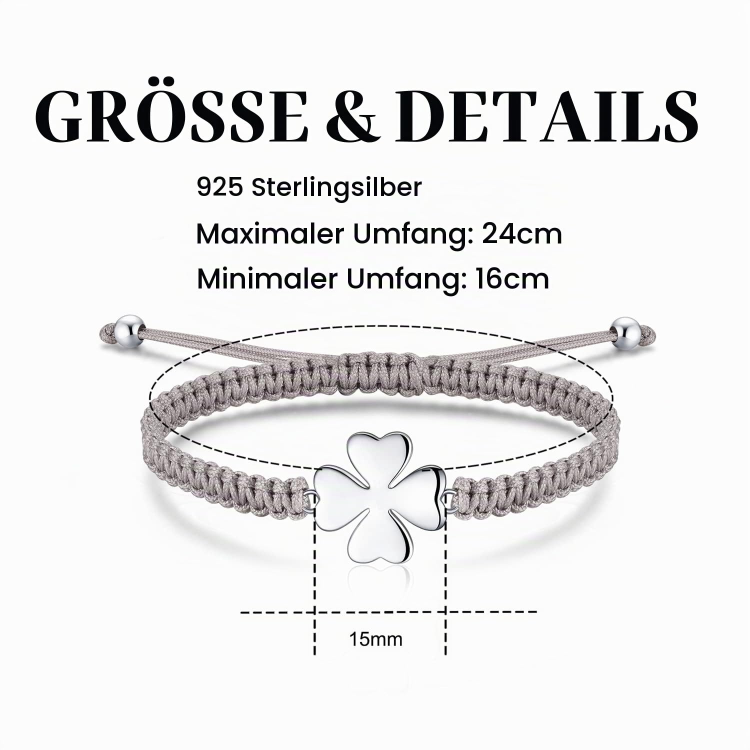 Jrêveinfini Kleeblatt Armband Silber 925 Damen Mädchen, Kleeblatt Glücksbringer Prüfung Armband Mädchen Kinder, Personalisiert Armband Stoff, Geschenke für Frauen Mädchen mit Geschenkbox