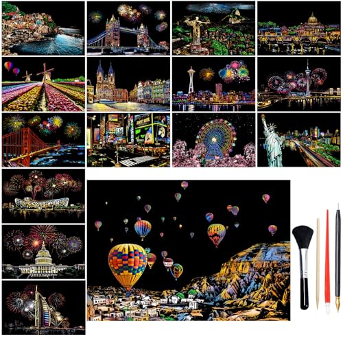 BSHAPPLUS Kratzbilder Kinder,16 Blätter A4 Regenbogen Kratzpappier Set(21x29,7cm) Stadt & Feuerwerk - Mit 4 Spezialwerkzeugen für Kinder & Erwachsene Kreativset BSHAPPLUS Kratzbilder Kinder,16 Blätter A4 Regenbogen Kratzpappier Set(21x29,7cm) Stadt & Feuerwerk - Mit 4 Spezialwerkzeugen für Kinder & Erwachsene Kreativset