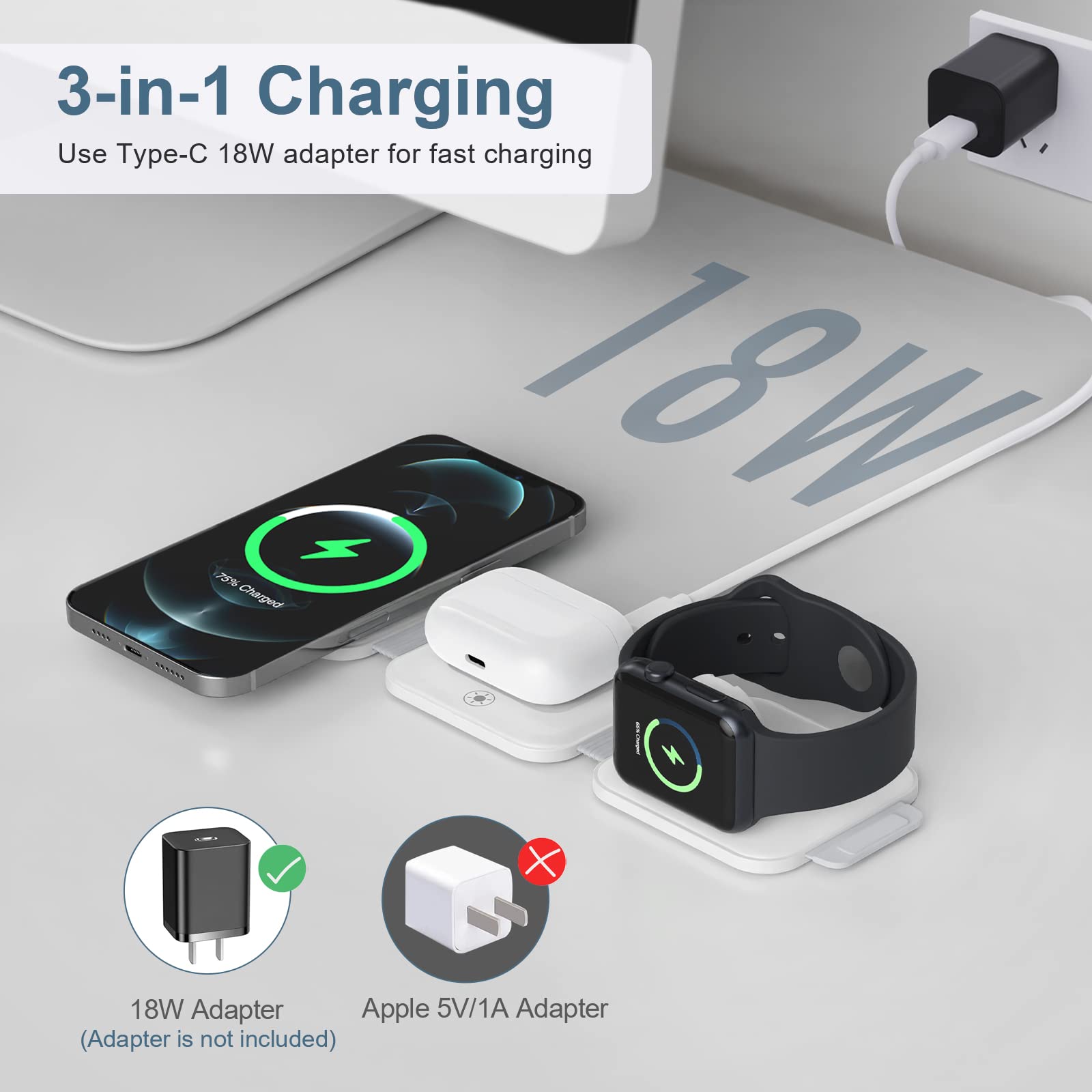 3 in 1 Magnetic Foldable Wireless Charger, Ankilo Wireless Charging Station for Travel, Compatible with iPhone 15/14//13/12, Apple Watch, AirPods Pro(Adapter not Included)