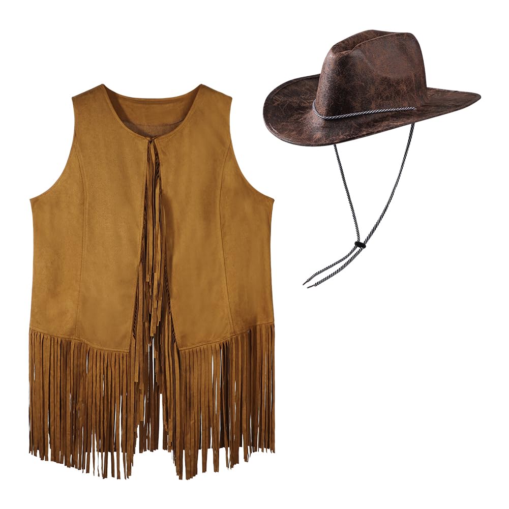 Adult Western Cowgirl Costume Outfit Women Men Cowboy Fringe Vest and Hat Set Novelty 70s 60s Hippie Fancy Dress Cowgirl Costume for Halloween Western Party Cosplay Carnival (Brown Vest+Brown Hat)
