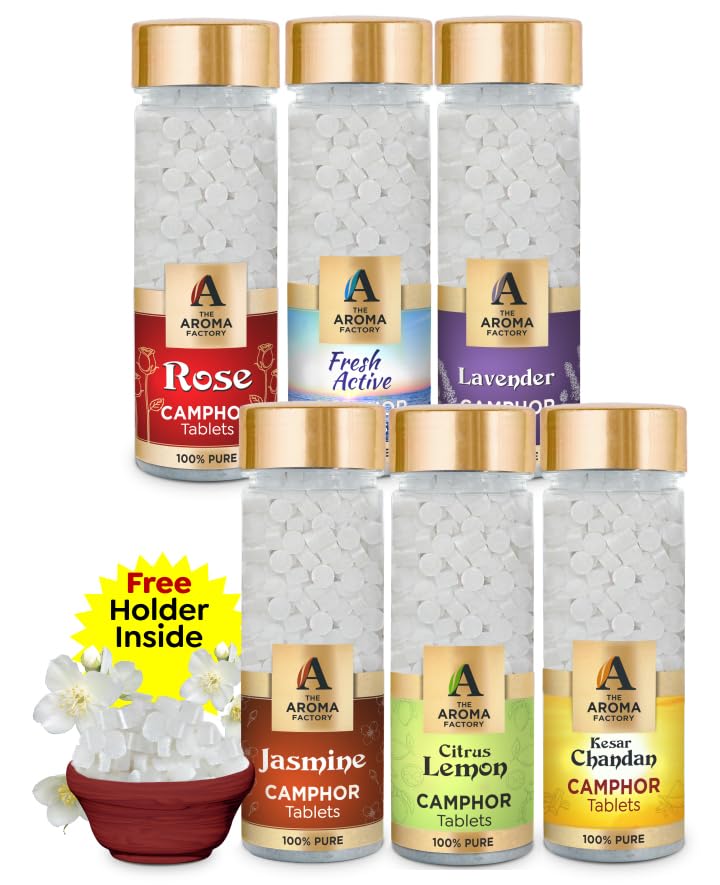 The Aroma Factory Pure Camphor Tablets | Rose, Fresh Active, Lavender, Jasmine, Citrus Lemon & Chandan, Zero Residue Kapoor with Fragrance for Pooja, Aarti Kapur | Bottle Pack of 6 x 80gm (B0CLYG4Z54) Amazon Price History, Amazon Price Tracker