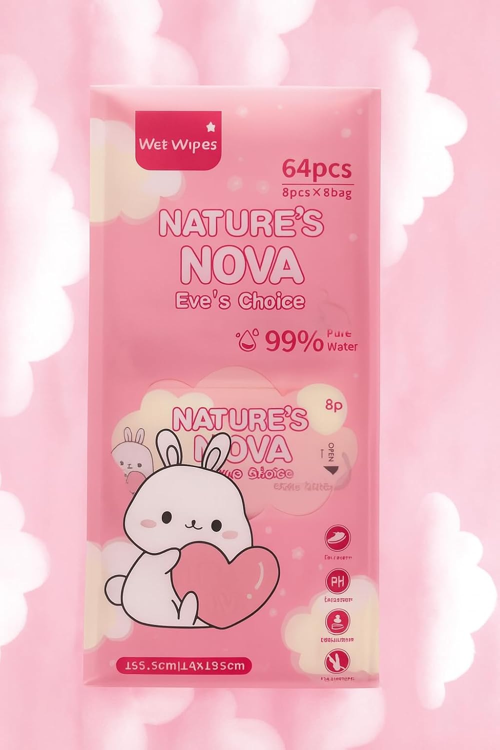 Natutre's Nova travel size 99% Water Wipes - 8 Travel Packs (8 Wipes Each, 64 Total) - Unsented, Sensitive Skin, Portable Wet Wipes for On-the-Go, Face & Hands