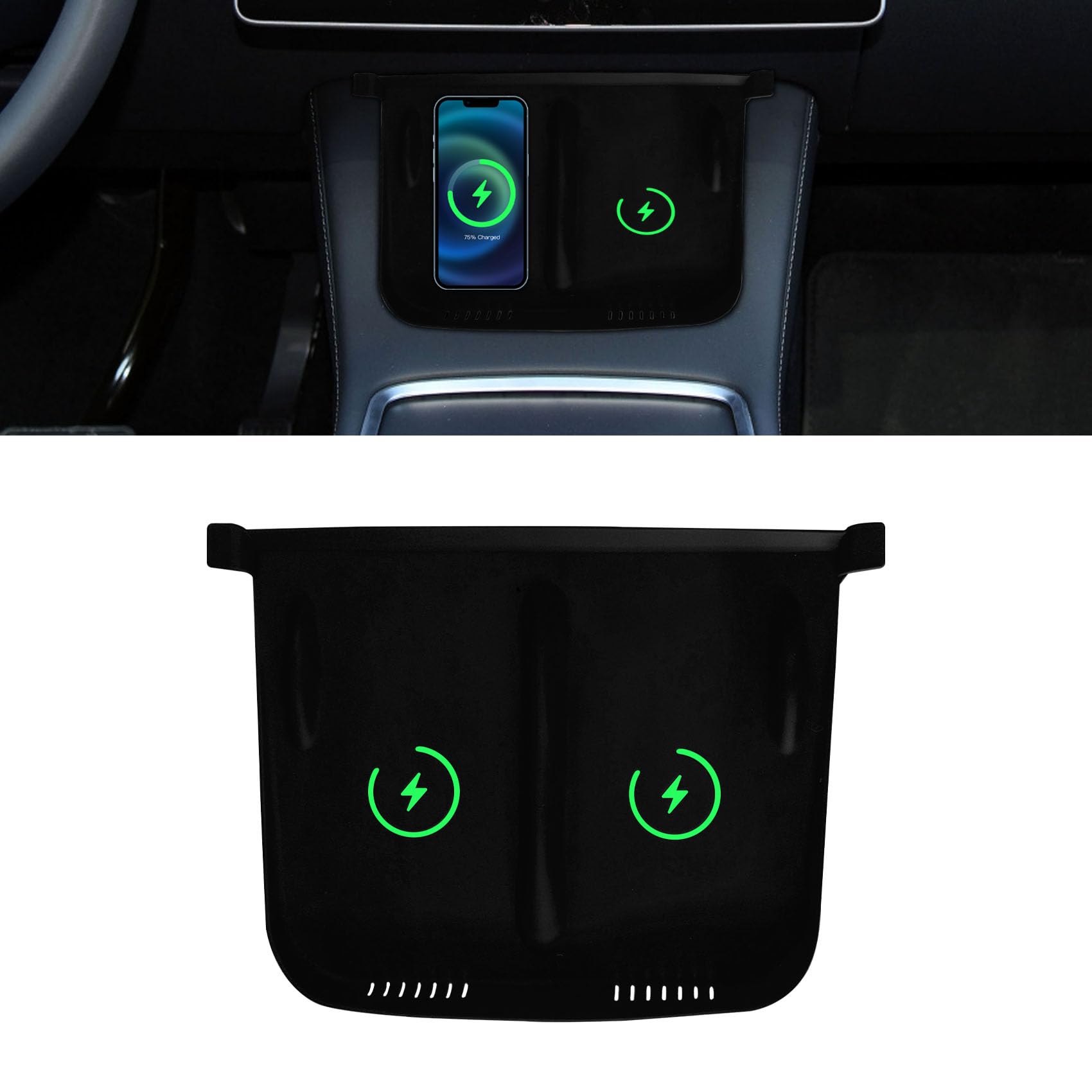 Center Console Wireless Charger Anti-Slip Silicone Mat, Waterproof Phone Pad for Wireless Charging, Car Interior Accessories Universal for Model 3 Model Y 2021-2024 (Luminous, Black)