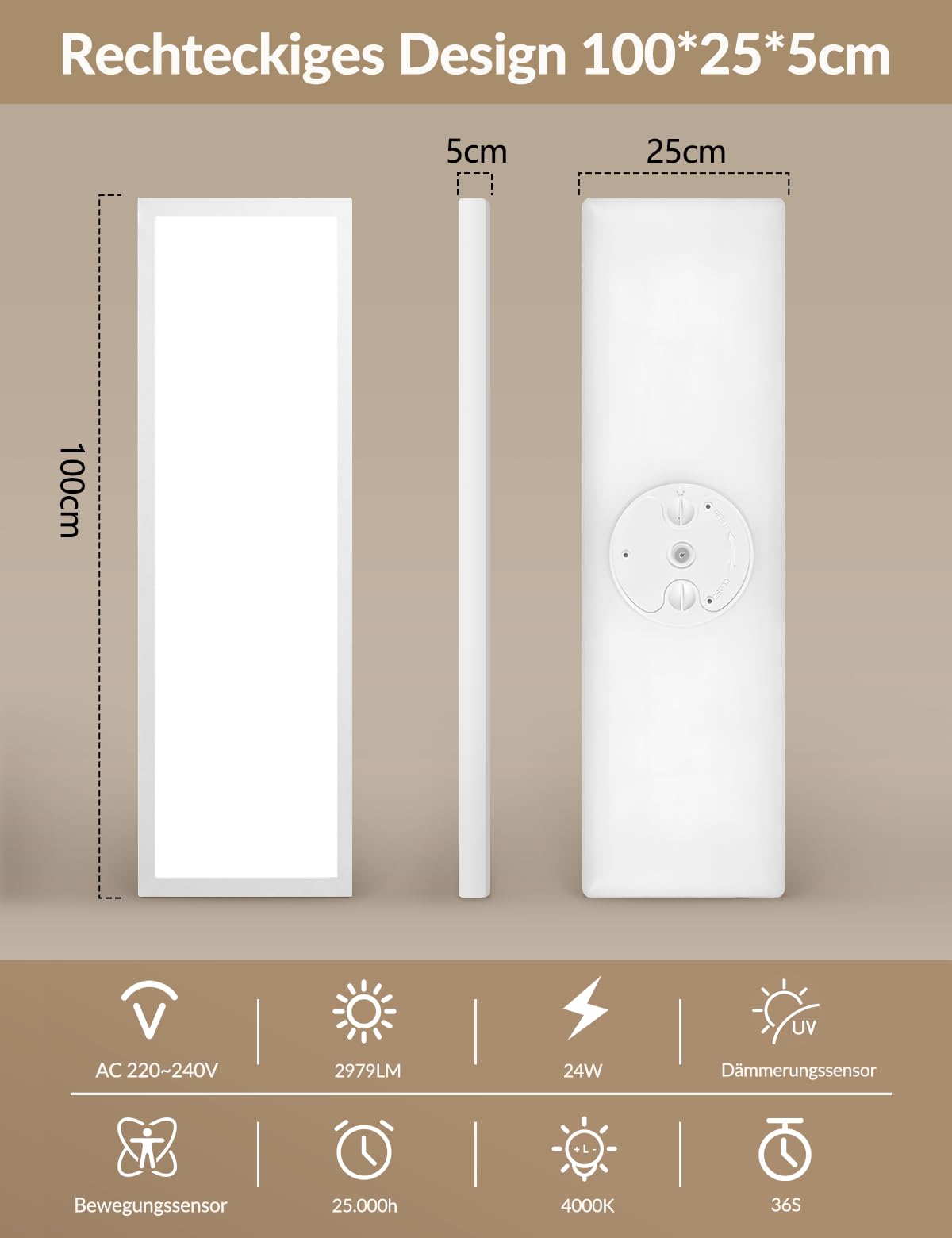 CBJKTX Lámpara techo LED sensor movimiento para interiores panel 100x25cm