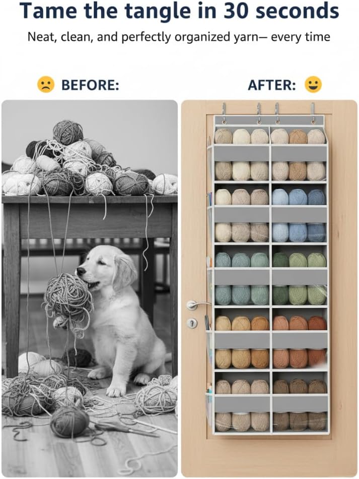 Hanging Yarn Storage Organizer, 5 Tiers Large Capacity Yarn Organizer with 10 Compartments and 10 Side Pockets for Crochet Hook, Over Door Organizer for Knitting Needles, Transparent Yarn Holder, Grey