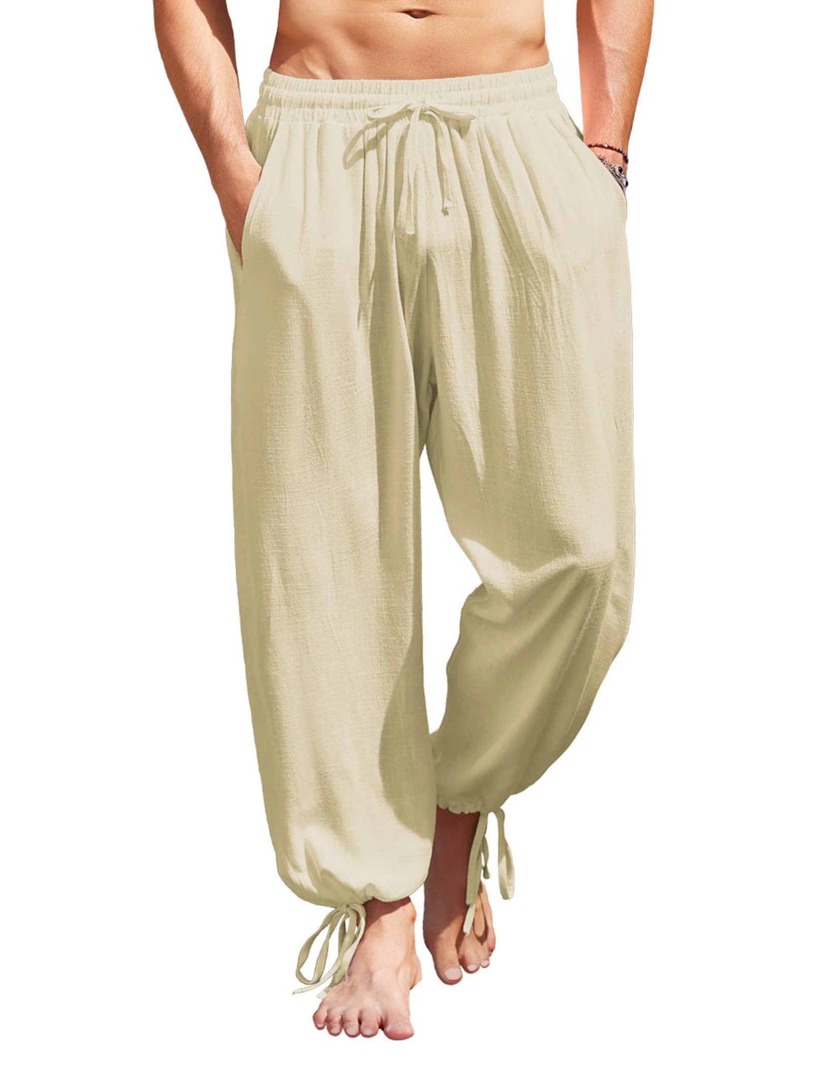 COOFANDY Men's Cotton Linen Casual Pants Elastic Waist Harem Beach Trousers