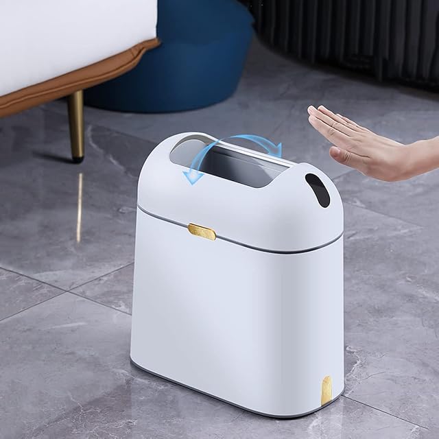 Bedroom Smart Trash Can with Lid, 10 Liter Automatic Garbage Bin Waterproof Motion Sensor Rubbish Bin, Kitchen Touchless Garbage Container Bin Wastebasket for Living Room, Office (No Battery, Gold)