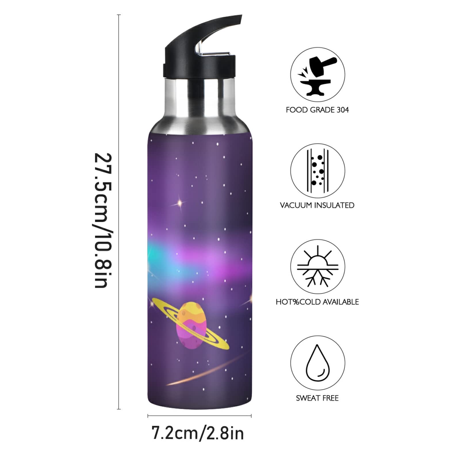 Mignon Bouteille Isotherme Espace Planètes 600ml Avec Paille - Acier Inoxydable