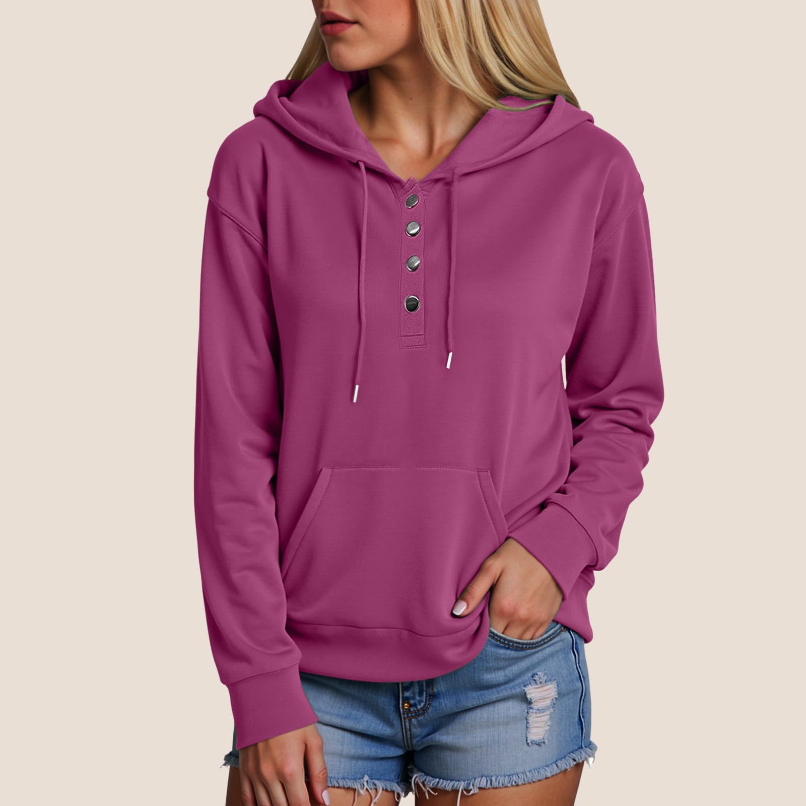 Felpa con Cappuccio da Donna, Tinta Unita, con Scollo a V, Bottoni, Coulisse e Tasche Anteriori, alla Moda Autunno e Inverno Felpe Sportive Offerta