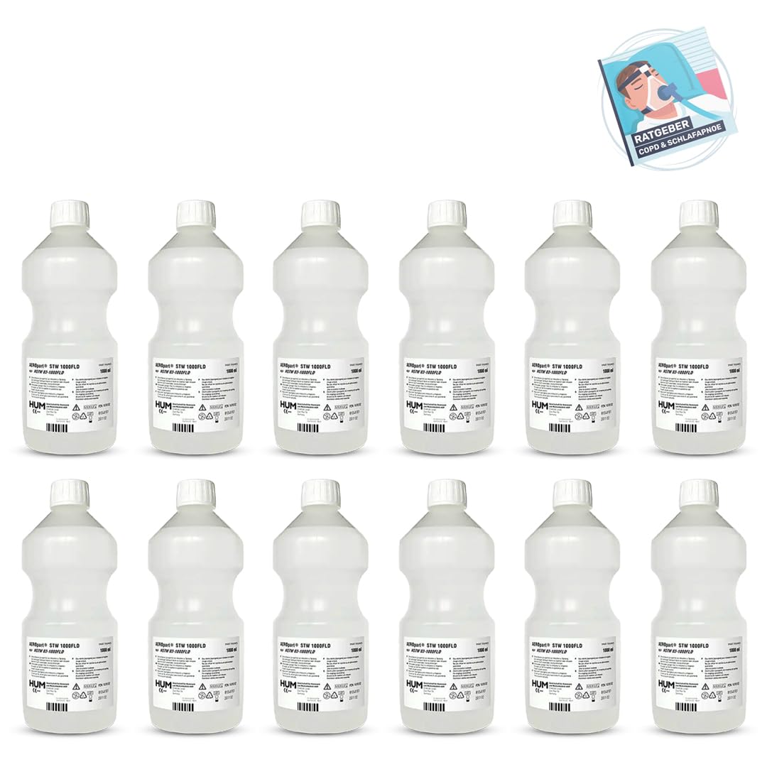 Steriles Wasser Sterilwasser 1Liter Flaschen mit Drehverschluss für Sauerstoff, Inhalation, Beatmung, CPAP, Atemgasbefeuchtung, mit COPD und Schlafapnoe Ratgeber (12x1000ml)