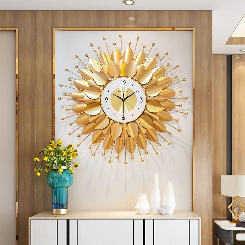 Image of European Style Luxury Living Room Analog Silent Creative Personality Metal Large Clock Sunflower Simple Modern Art Wall Decorative Clock (Petal Sun Clock 70x70cm)