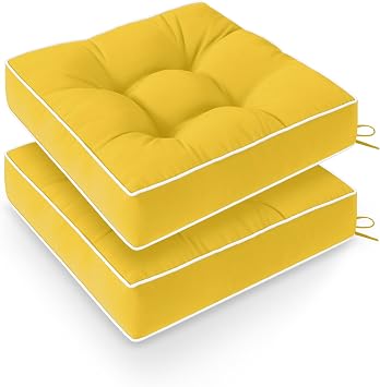 Wellsin Outdoor Chair Cushions Set of 2, Patio Cushions for Outdoor Furniture, Tufted Water-Resistant Outdoor Chair Pads, 19 x 19 Inch, Yellow