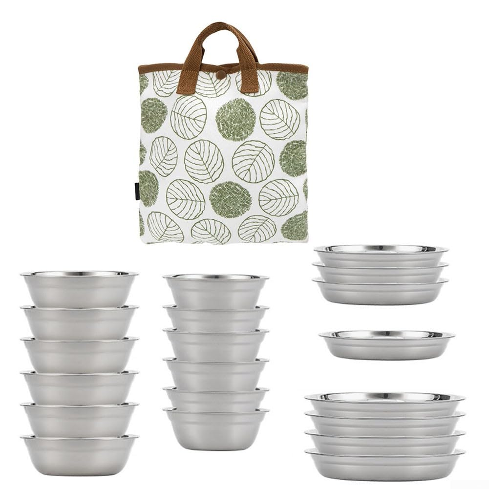 Camping-Besteck-Set, 20-teilig, Edelstahl, tragbares Campingbesteck inklusive Schüsseln, Teller, Handtuchtasche, für Camping, Wandern