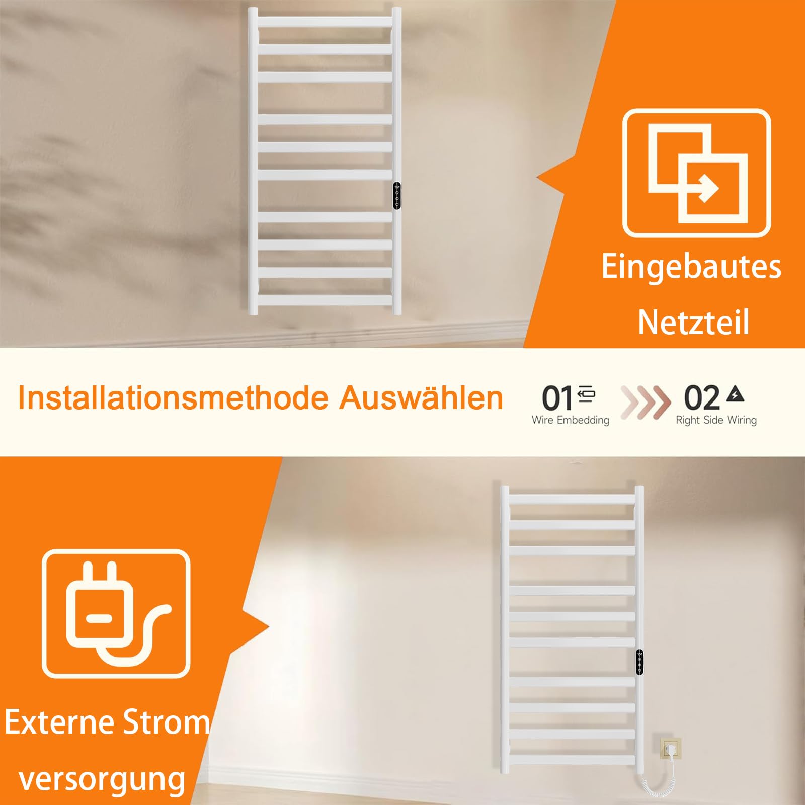 Badheizkörper Elektrisch 285W Handtuchheizer Einstellbare Temperatur 35°-70°C, handtuchwärmer mit 1-9 H Timer-Funktion, Handtuchtrockner mit LED-Touchscreen, IPX4. 50x100cm, weiß