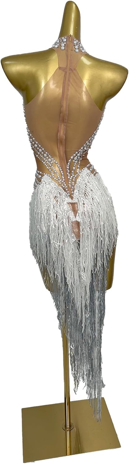 Women Club Sleeveless Prom Dress Pearls Crystals See Through Tassel Dress gig Event Latin Dance Dress
