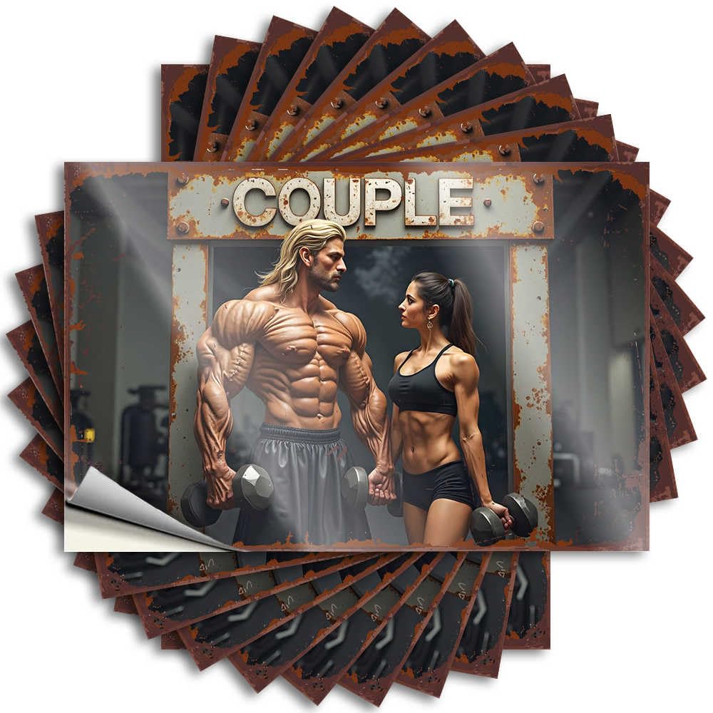 Lettering Sticker Home Easy Apply | Muscular Couple Showcasing Strength in The Gym Accent Cover Peel and Stick(8X12CM)