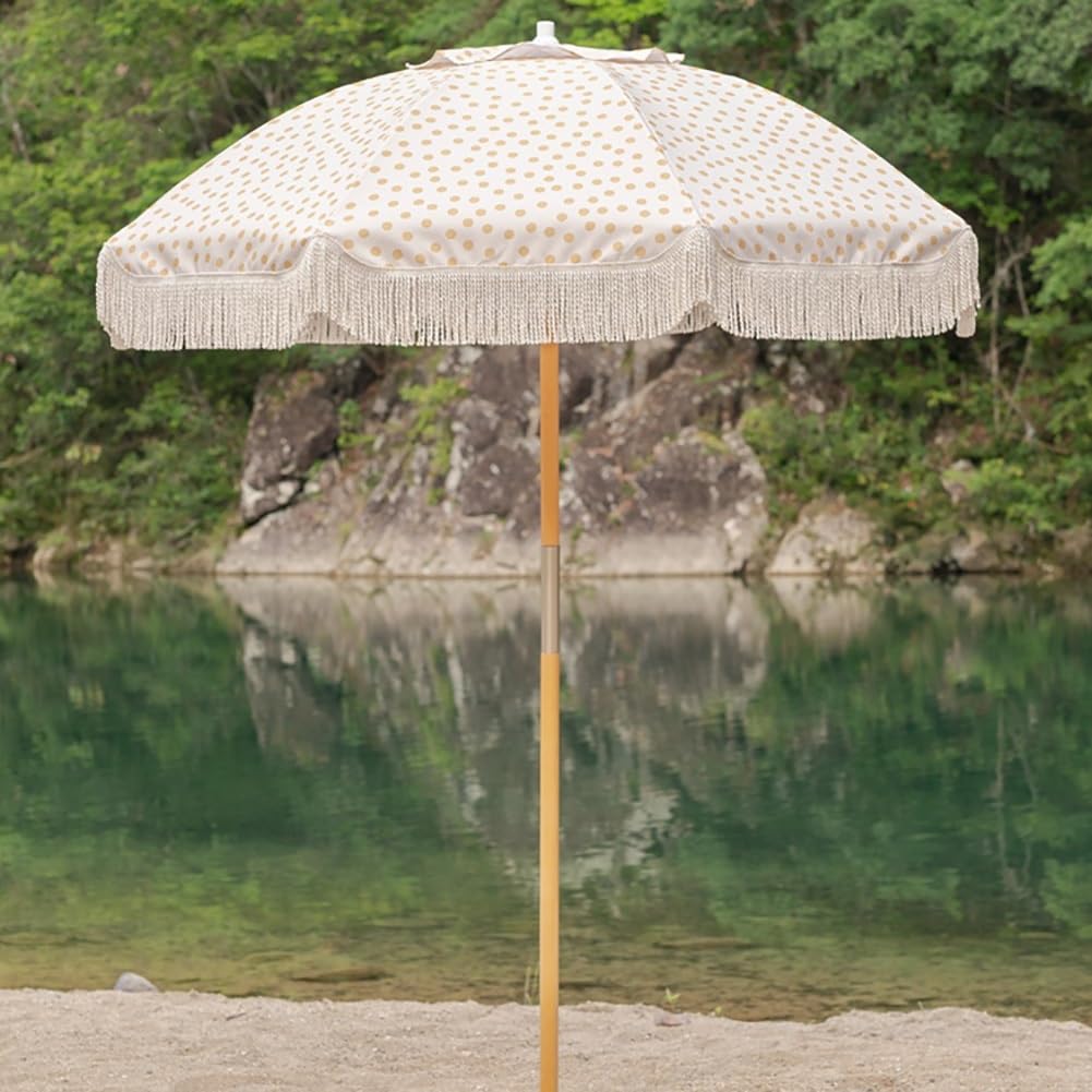 Sombrilla de jardín con flecos de 180 cm, sombrilla de jardín de lunares amarillos con protección UV 50+, sombrilla de playa antiviento, sombrilla plegable con poste de madera