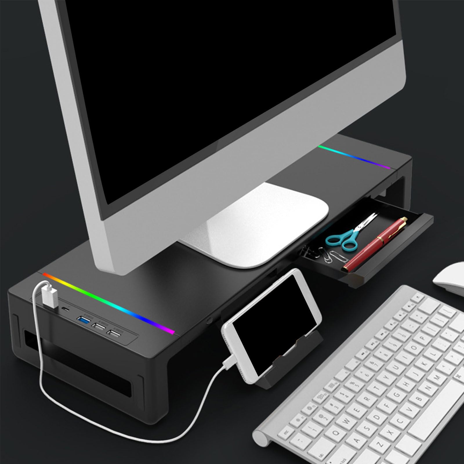 Supporto multifunzionale per monitor e laptop con illuminazione RGB Porta di ricarica USB multipla per migliorare le configurazioni della scrivania Supporto di ricarica rapida