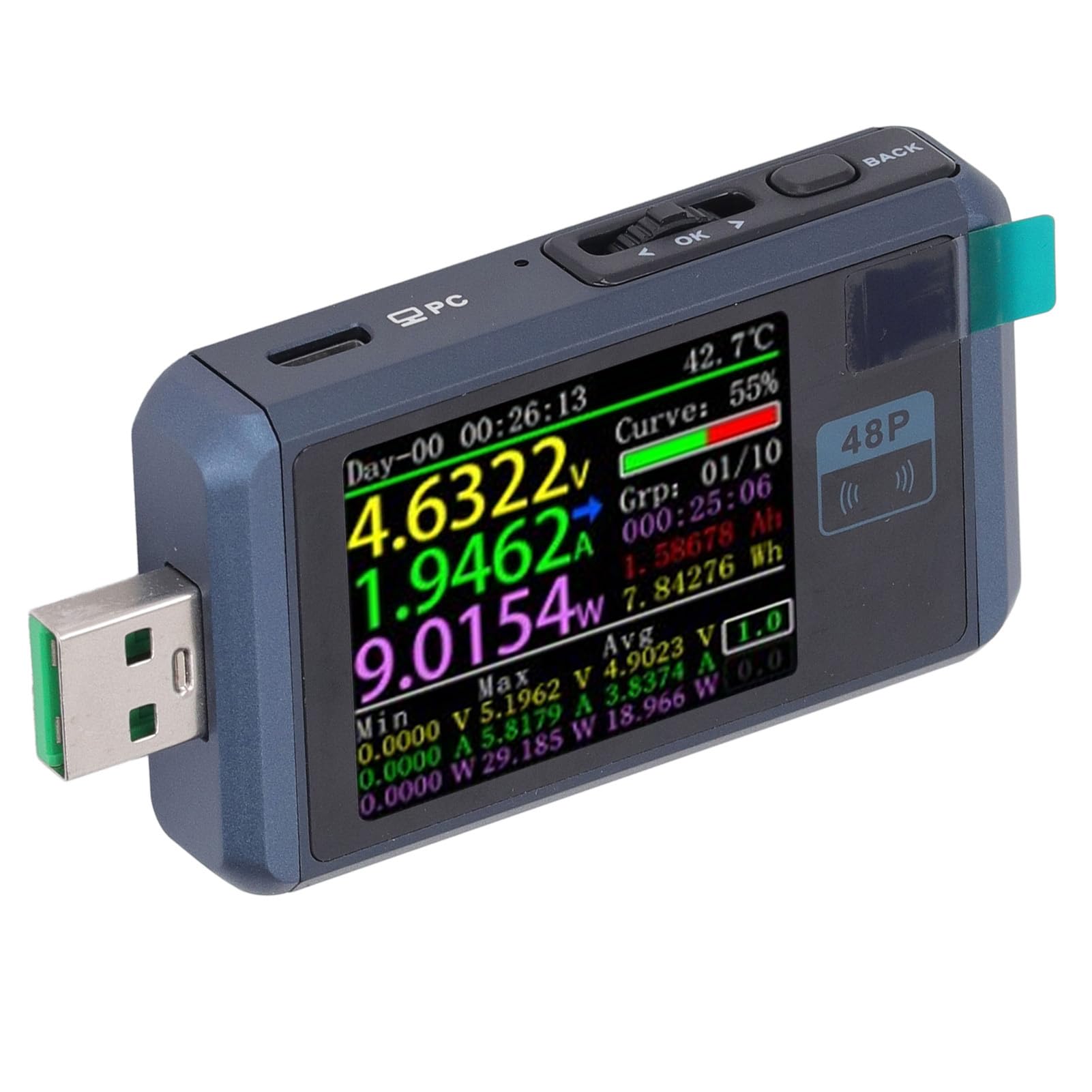 FTVOGUE USB-Tester, Metallkonstruktion, 1,77-Zoll-Vollfarb-TFT-LCD-Bildschirm, Spannungs-Strommessung, USB-A-C-Mikroschnittstellenkompatibilität für Schnellladebenutzer