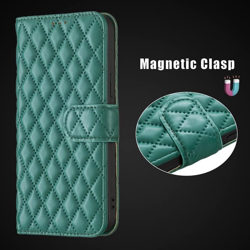 Image of TROUNCE Quilt Magnetic Closure Shock Proof Flip Case Back Cover with Card Holder Wallet - Green for Samsung Galaxy S20 6.2
