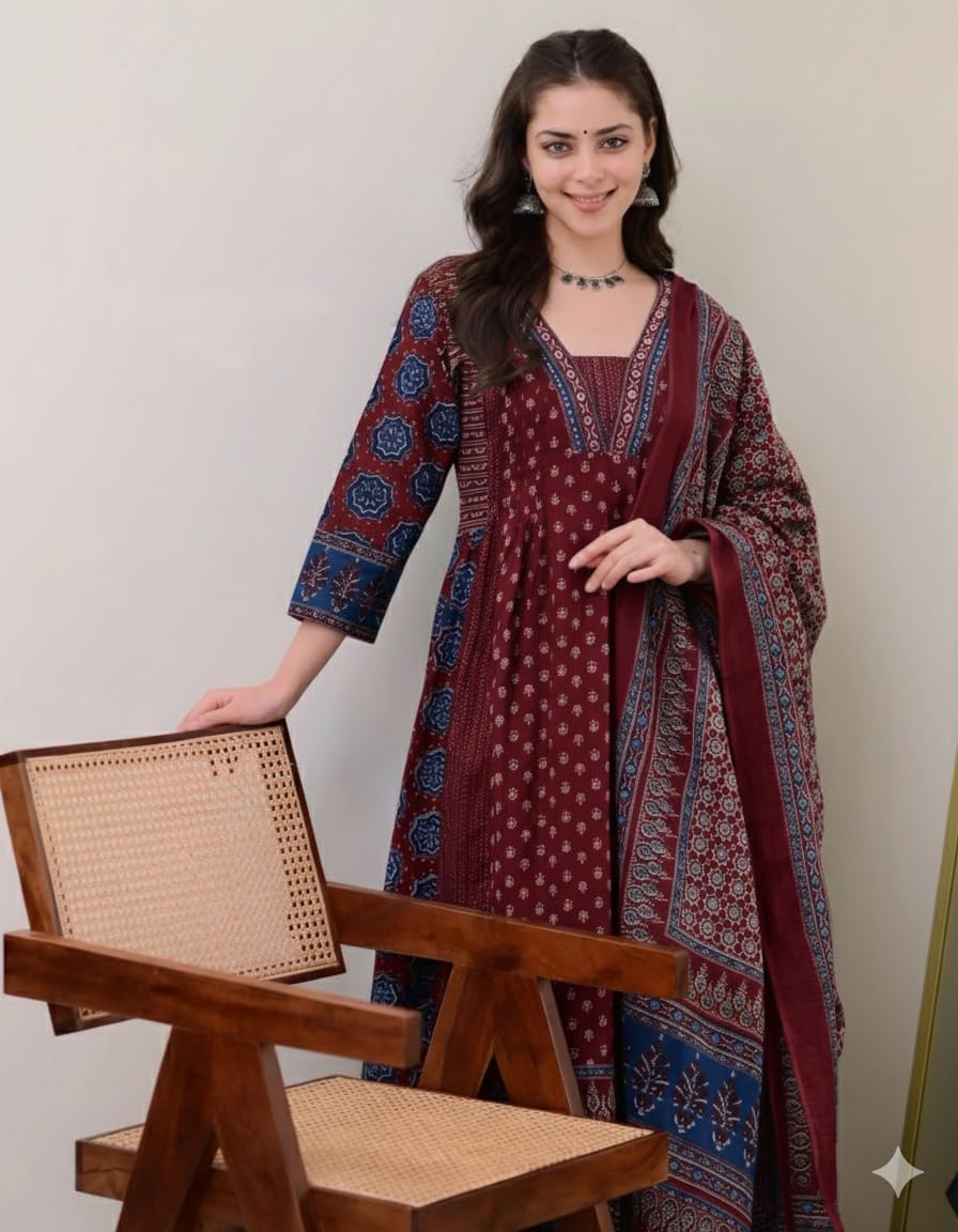 KLOSIA Women Printed Anarkali Kurta and Pant Set with Dupatta Maroon 1